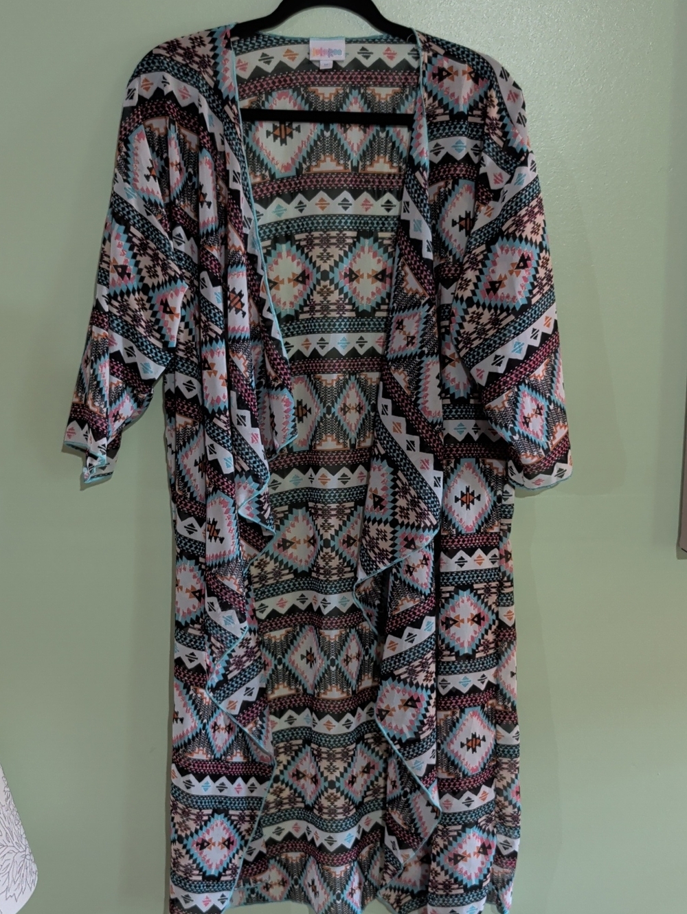 LuLaRoe Shirley Aztec-Style Kimono in Teal, Coral & Black